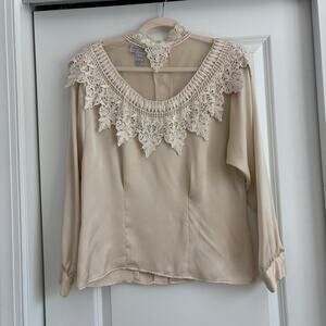 VTG Sonya Ratay San Andre Blouse High Neck Lace Ivory 80's 8 Ruffled Victorian